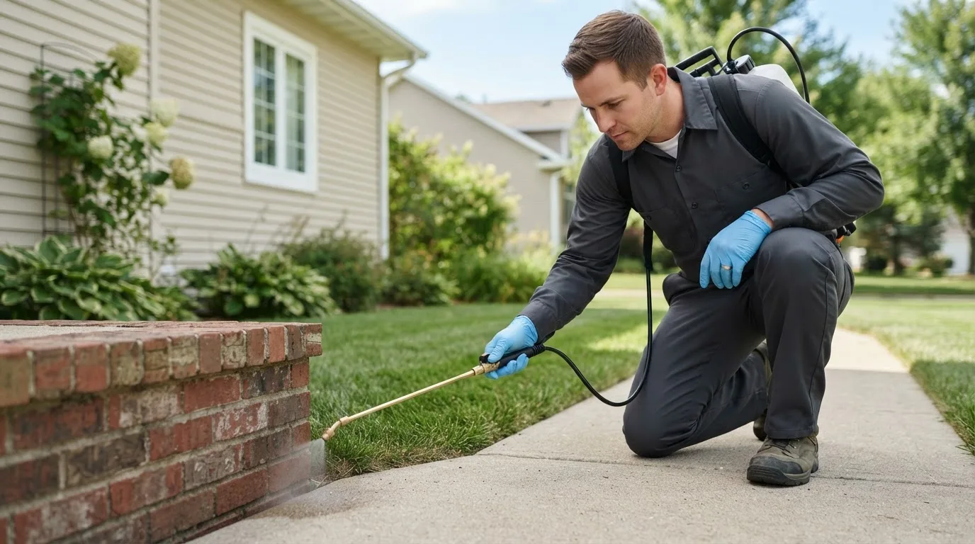 Pest control technician treating a home near Unionville, CT